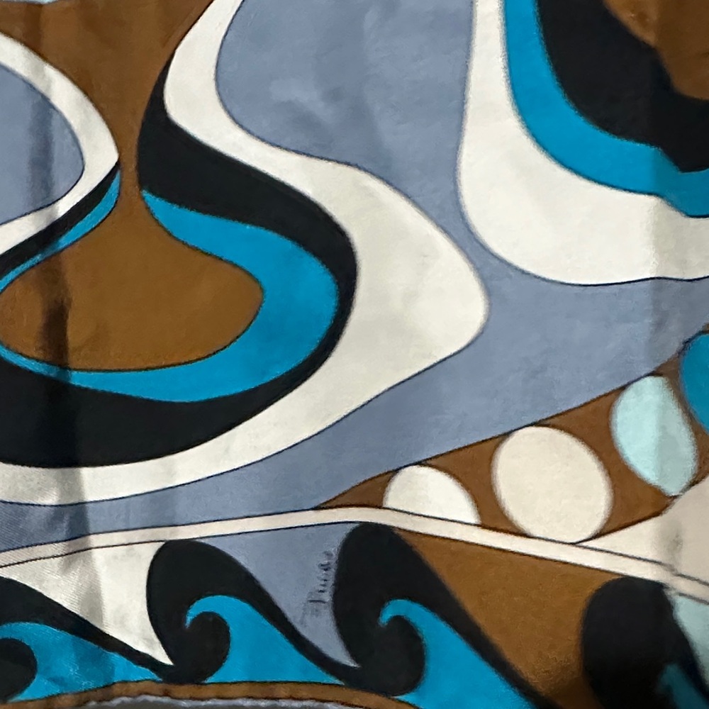 🆕Emilio Pucci Blue, Turquoise & Brown Swirl Print Silk Scarf - Picture 3 of 16